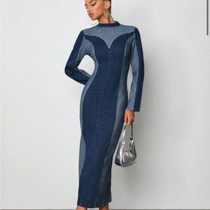 NWT✨Elegant Denim Maxi Dress Two Tone Stretch Fabric Sexy Slit Zip Up Blue Long
